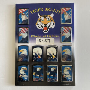 Unused Vintage 12pc Windproof Lighter Display ~ Americana Eagle & Flag